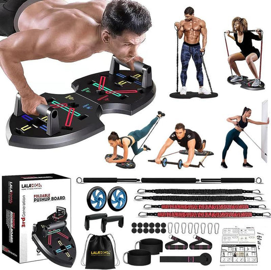 Foldable Home Gym Set Push up Board Resistance Bands Ab Roller Space Saving Workout Gear Apartment Travel Beginner to Pro (19 in 1 Set)